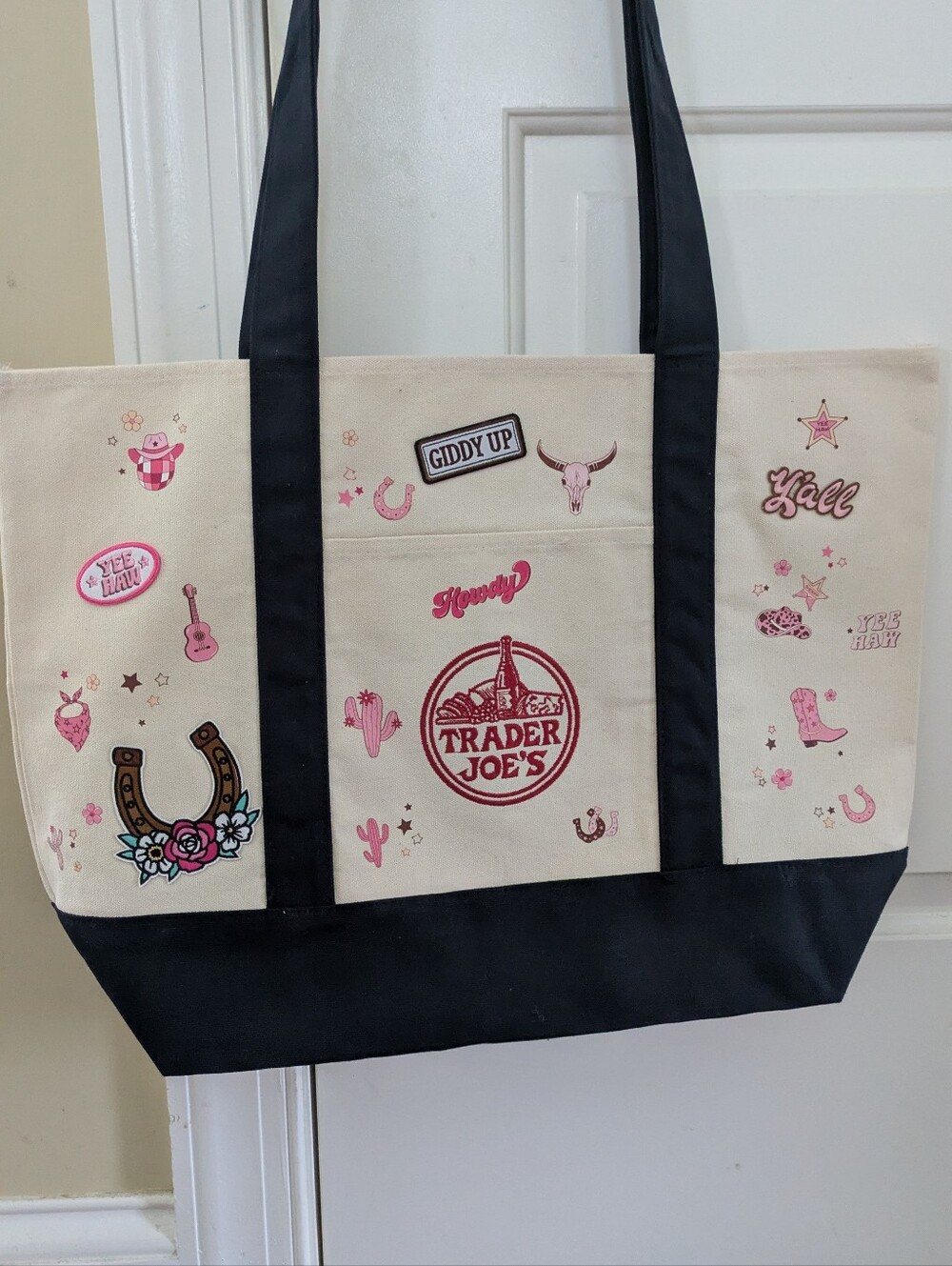 Trader Joe's Large Canvas Tote Bag in Navy and Cream with added zipper